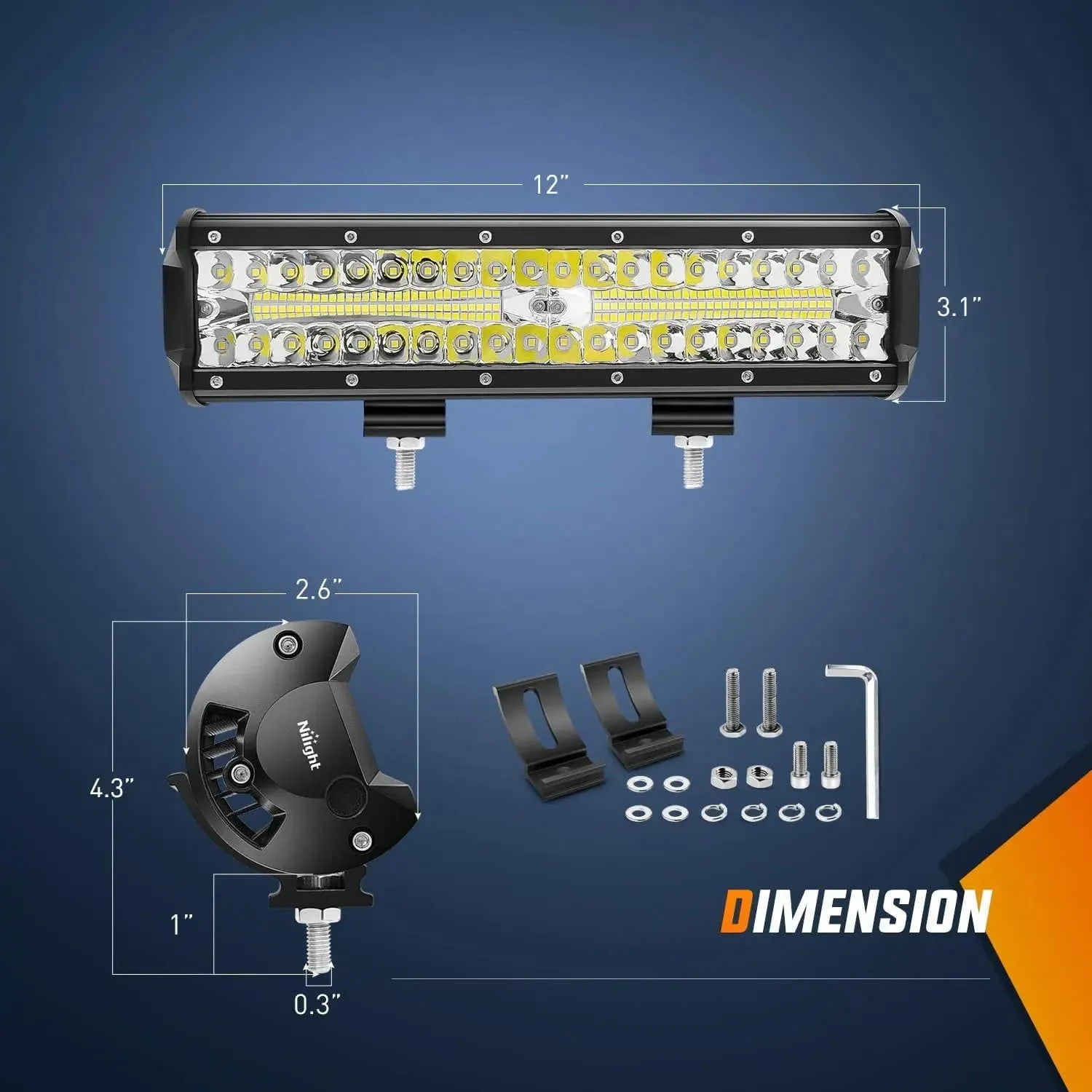 12 Inch 300W 30000LM Triple Row Spot/Flood Led Light Bar