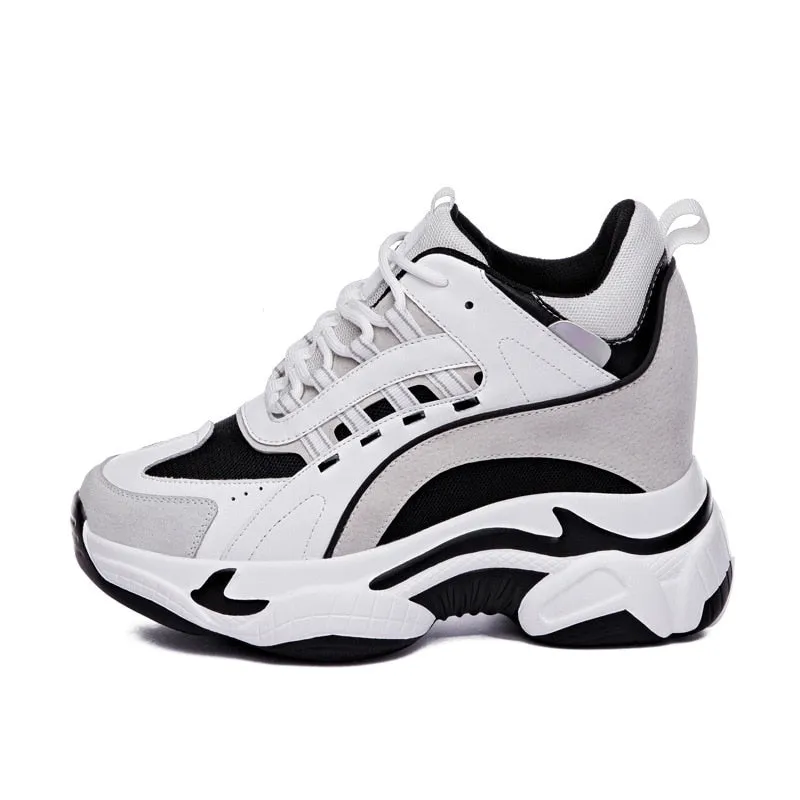 Amozae- Platform Wedge Sneakers Chunky Shoes 9Cm Hidden Heel Za Fashion Genuine Leather Comfy Breathable Vulcanized Shoes