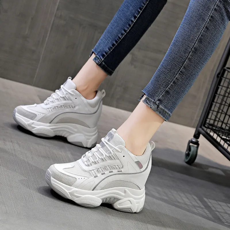 Amozae- Platform Wedge Sneakers Chunky Shoes 9Cm Hidden Heel Za Fashion Genuine Leather Comfy Breathable Vulcanized Shoes