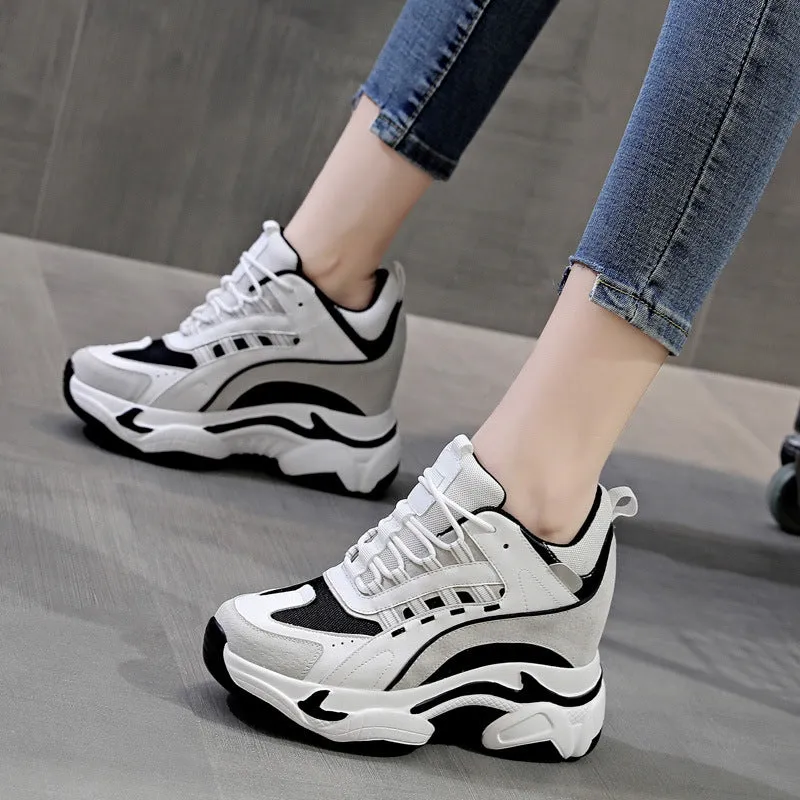 Amozae- Platform Wedge Sneakers Chunky Shoes 9Cm Hidden Heel Za Fashion Genuine Leather Comfy Breathable Vulcanized Shoes