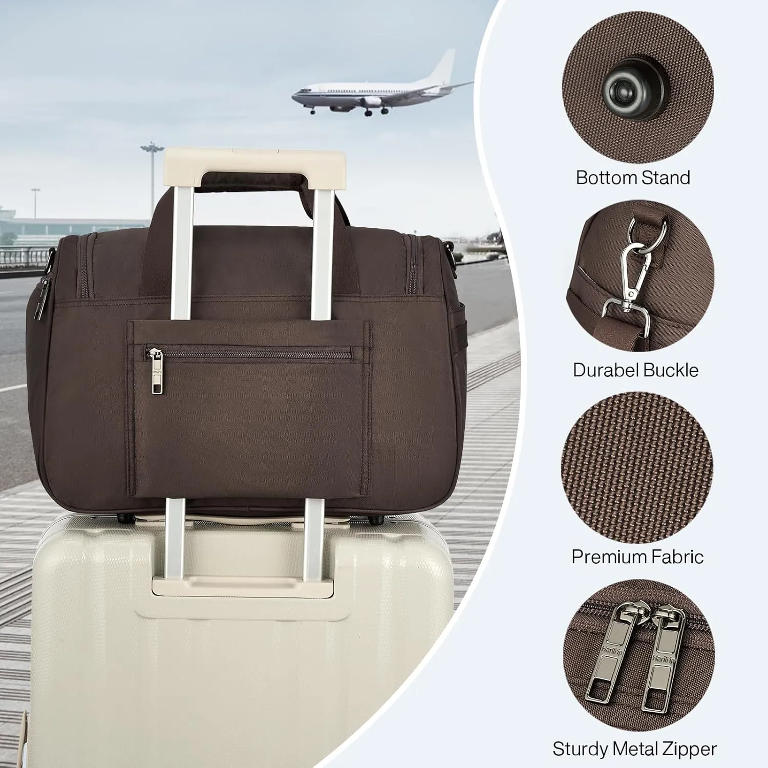 Carry on Duffel Bag Foldable Duffle Bags for Travel, Under Seat Personal Item Bags for Airplanes, Weekender Overnight Mens Travel Tote Bag for Women Small Softside Carry on Luggage (Coffee)