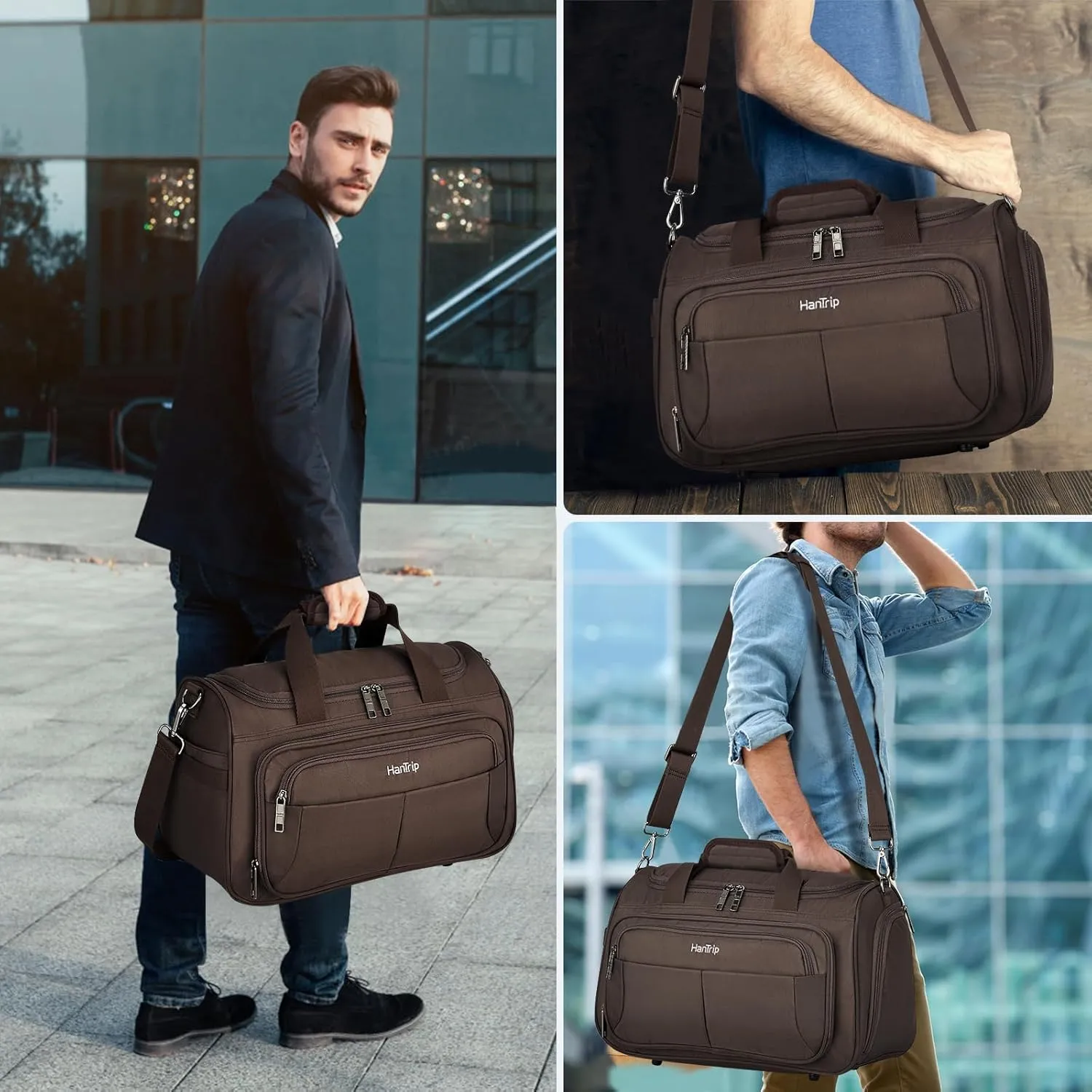 Carry on Duffel Bag Foldable Duffle Bags for Travel, Under Seat Personal Item Bags for Airplanes, Weekender Overnight Mens Travel Tote Bag for Women Small Softside Carry on Luggage (Coffee)