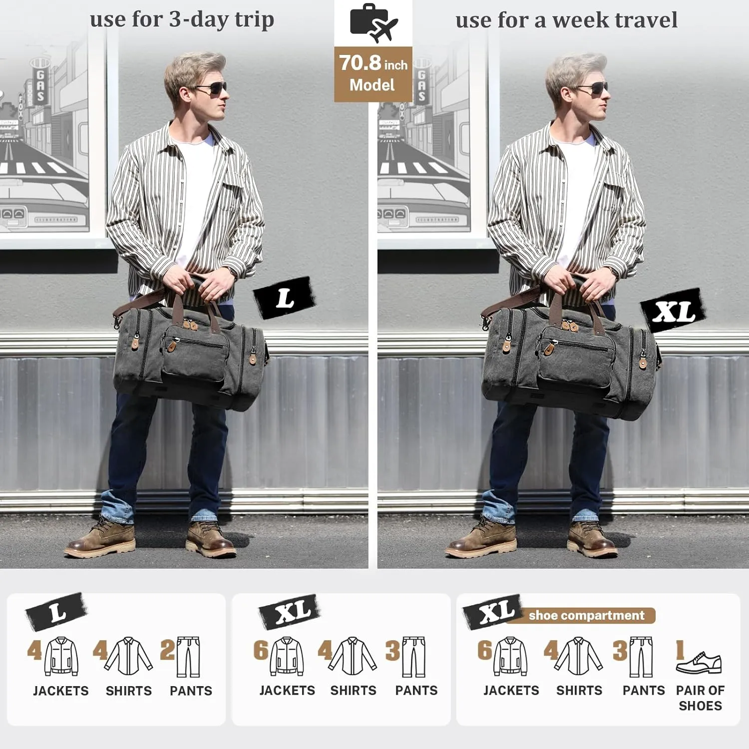Gonex Canvas Duffle Bag 60L Travel Duffel Overnight Weekend Bag with Shoe Compartment (Dark Gray)