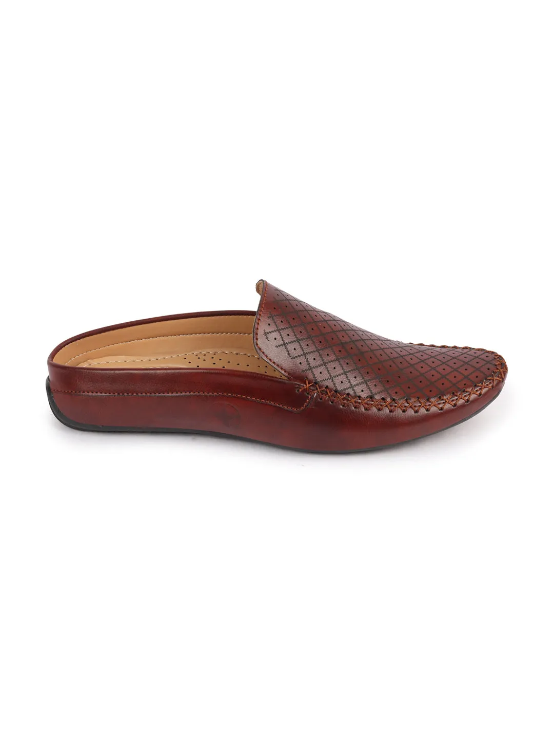 Men Maroon Stitched Block Design Pattern Back Open Slip On Loafer Shoes