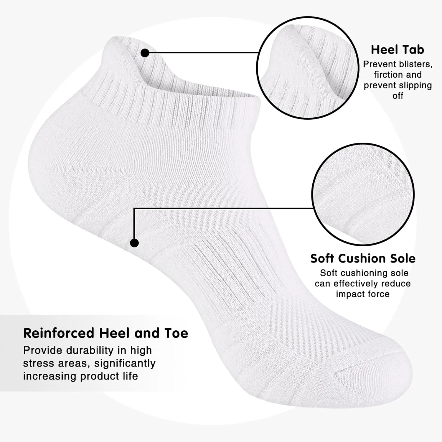 Mens 100% Cotton Ankel Socks, Athletic Cushioned Performance Running Moisture Wicking Breathable socks