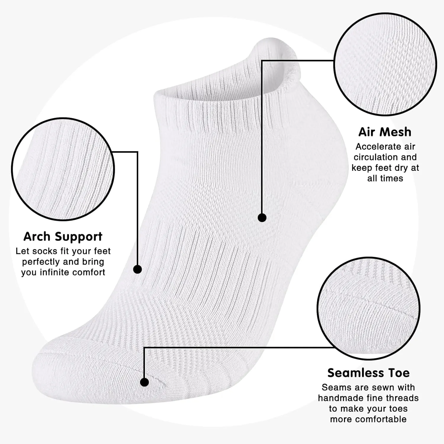 Mens 100% Cotton Ankel Socks, Athletic Cushioned Performance Running Moisture Wicking Breathable socks