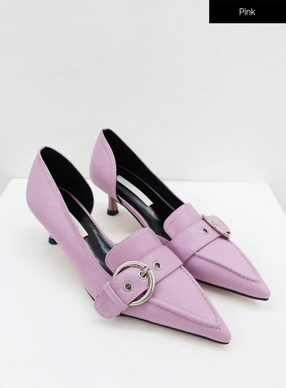 Metal Buckle Faux Leather Low Stiletto Heel Shoes OO05