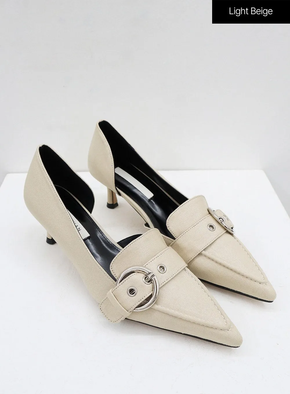 Metal Buckle Faux Leather Low Stiletto Heel Shoes OO05