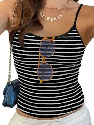 REORIA Women Spaghetti Strap Striped Tank Top Summer Sleeveless Ribbed Y2K Going Out Cami Crop Tops