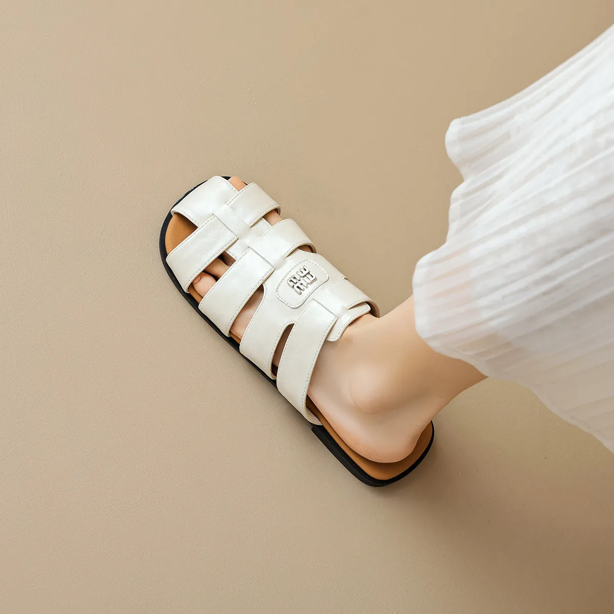 Women Retro Plaited Soft Leather Slides Sandals